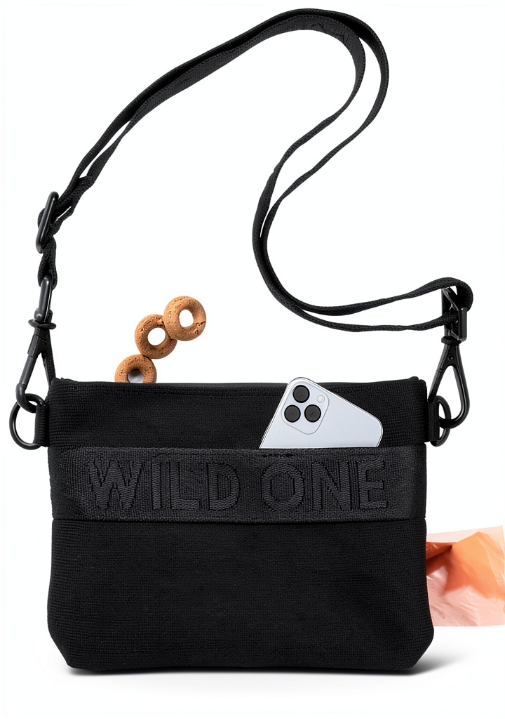 Wild One Dog Treat Pouch worn as a crossbody bag during a walk