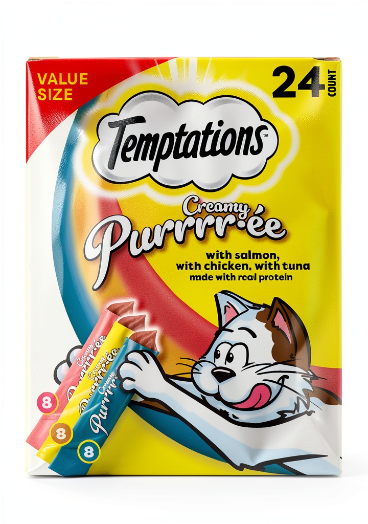 Temptations Creamy Puree Wet Cat Treats in assorted flavors displayed on a counter