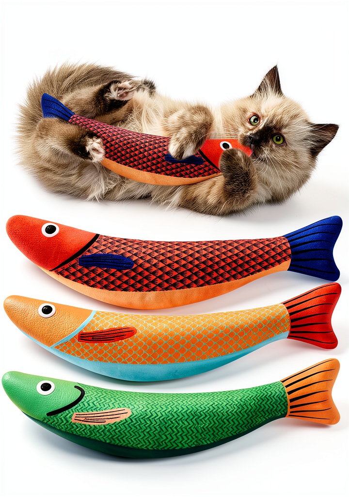 Potaroma catnip fish kicker toy in green, yellow, and orange colors on a neutral background