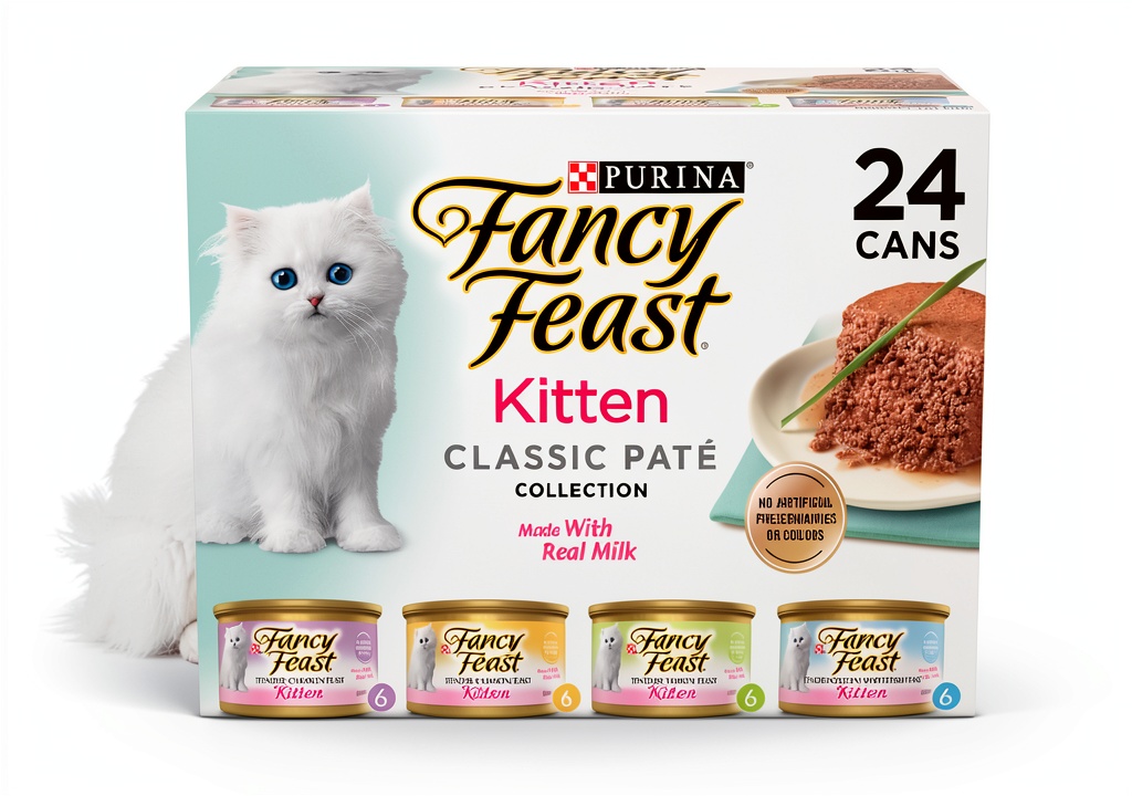 'Fancy Feast kitten wet food variety pack displayed with cans'
