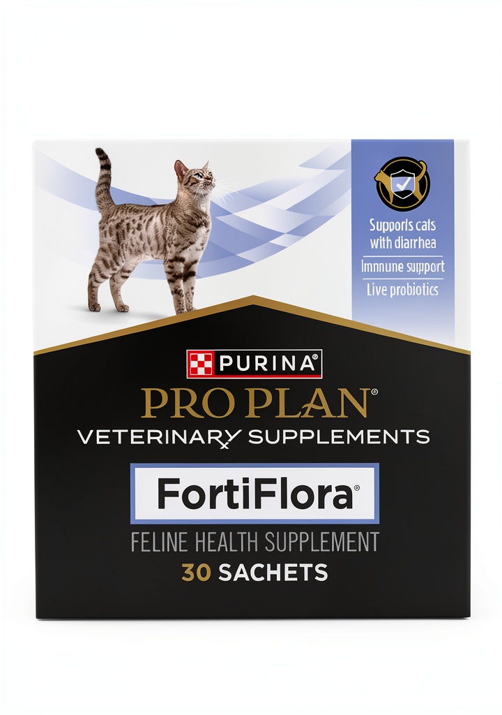 Purina FortiFlora cat probiotic supplement package and powder