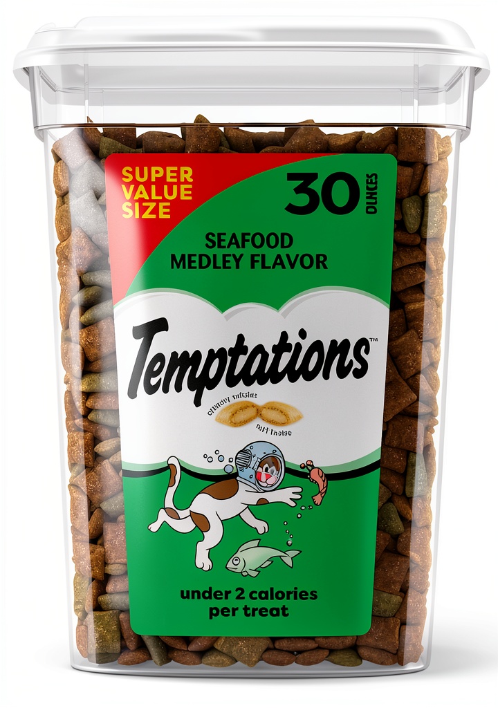 Mars Petcare cat treats in resealable tub on a kitchen counter