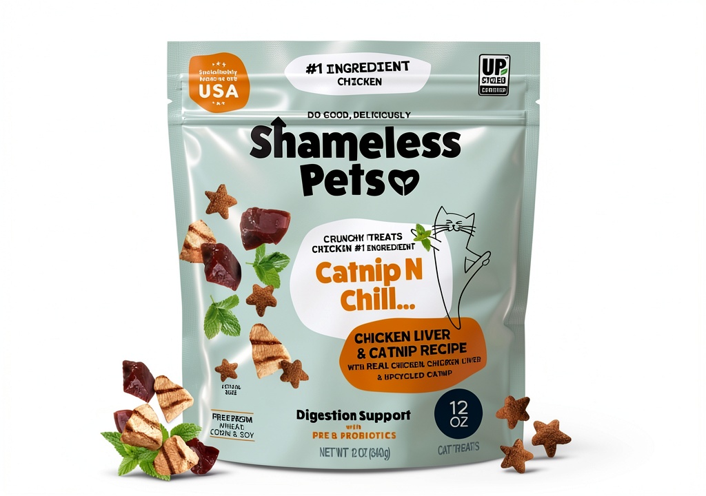Shameless Pets Cat Treats bag with cat playing nearby