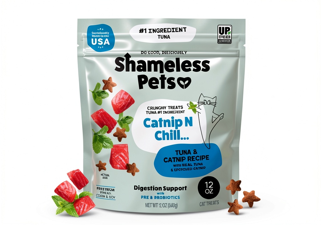Shameless Pets Cat Treats bag with cat enjoying a treat