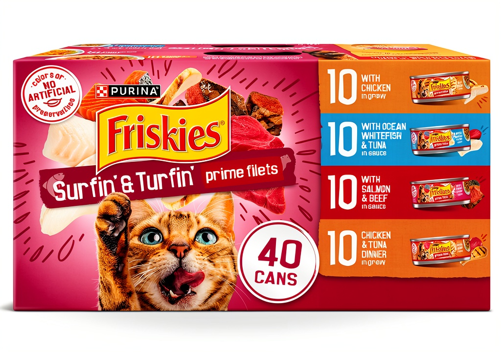 Friskies Prime Filets wet cat food cans displayed on a shelf
