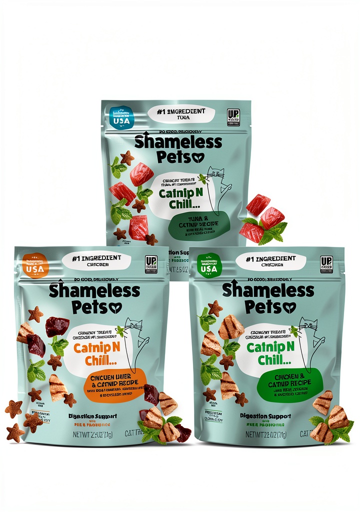 Shameless Pets cat treats in assorted flavors on a clean surface