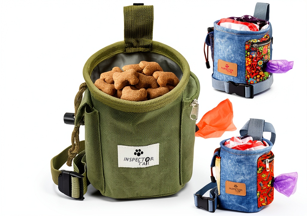 Dog owner wearing Inspector Tail treat pouch during a park training session