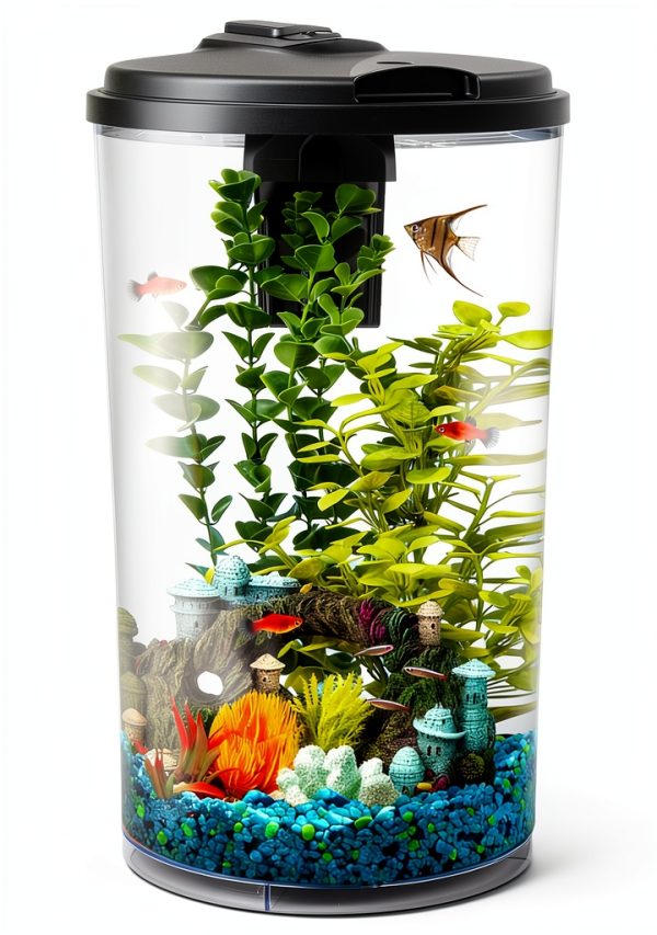 Koller Products Plastic 6-Gallon AquaView 360 Aquarium Kit for Tropical Fish, Betta Fish with LED Lighting and Power Filter Clear, 4-Piece Set-0