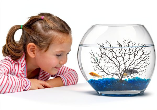 hygger Mini Glass Oblate Fish Bowl Kit, Small Fish Tank Comes with Blue Aquarium Decor Stones and Plastic Fan Branch Tree Ornament-4