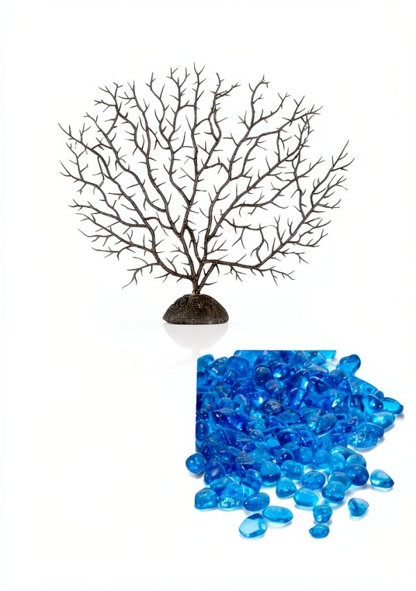 hygger Mini Glass Oblate Fish Bowl Kit, Small Fish Tank Comes with Blue Aquarium Decor Stones and Plastic Fan Branch Tree Ornament-2