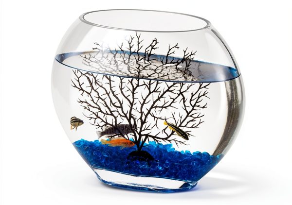 hygger Mini Glass Oblate Fish Bowl Kit, Small Fish Tank Comes with Blue Aquarium Decor Stones and Plastic Fan Branch Tree Ornament-0